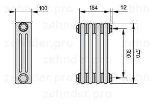 Схема (чертеж) Радиатор Zehnder Charleston 3057/4 №7610 Technoline TL